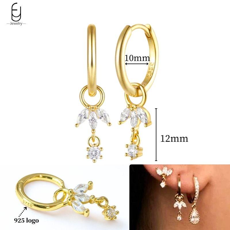 925 Silver Ear Needle White Crystal Gold Earrings for Women Luxury Water drop/Heart/Flower Pendant Earring Fine Jewelry