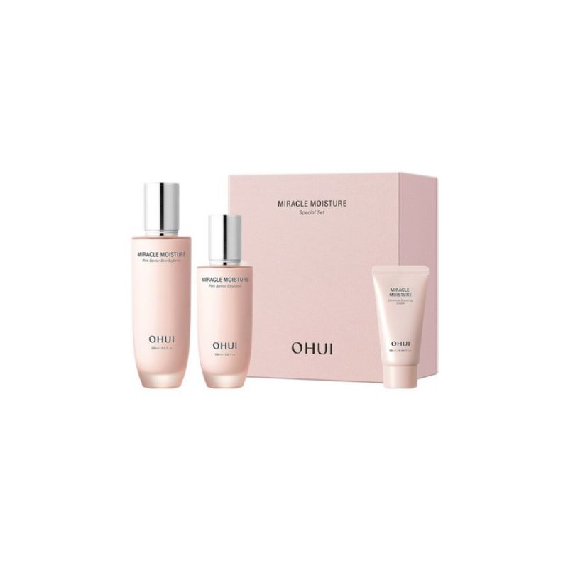 OHUI Miracle Moisture Pink Barrier Skincare Set Skin Softener 150ml Emulsion 100ml Cream 25ml Face Moisturizer for Uneven Skin Hydrating Care 1SET