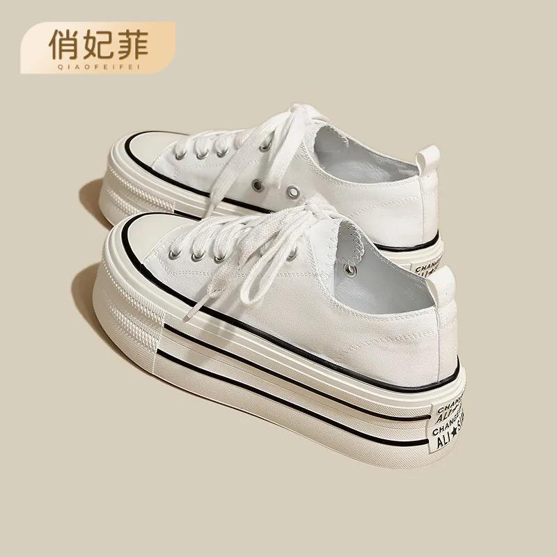 Platform canvas shoes women's 2025 new Korean version of white shoes sports and leisure shoes heightening round head lace-up low-top board shoes