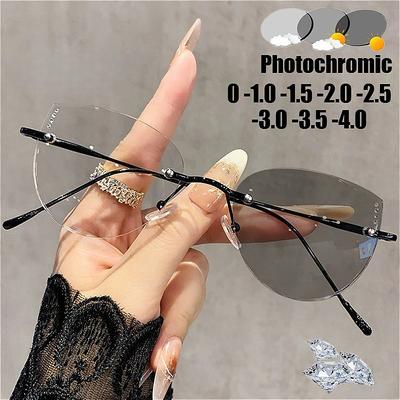 Randlose Cat-Eye-Photochrom-Myopiebrille Diamantdekor Ultraleicht Hochauflösend Anti-Blaulicht-Brille Kurzsichtigkeitsbrille