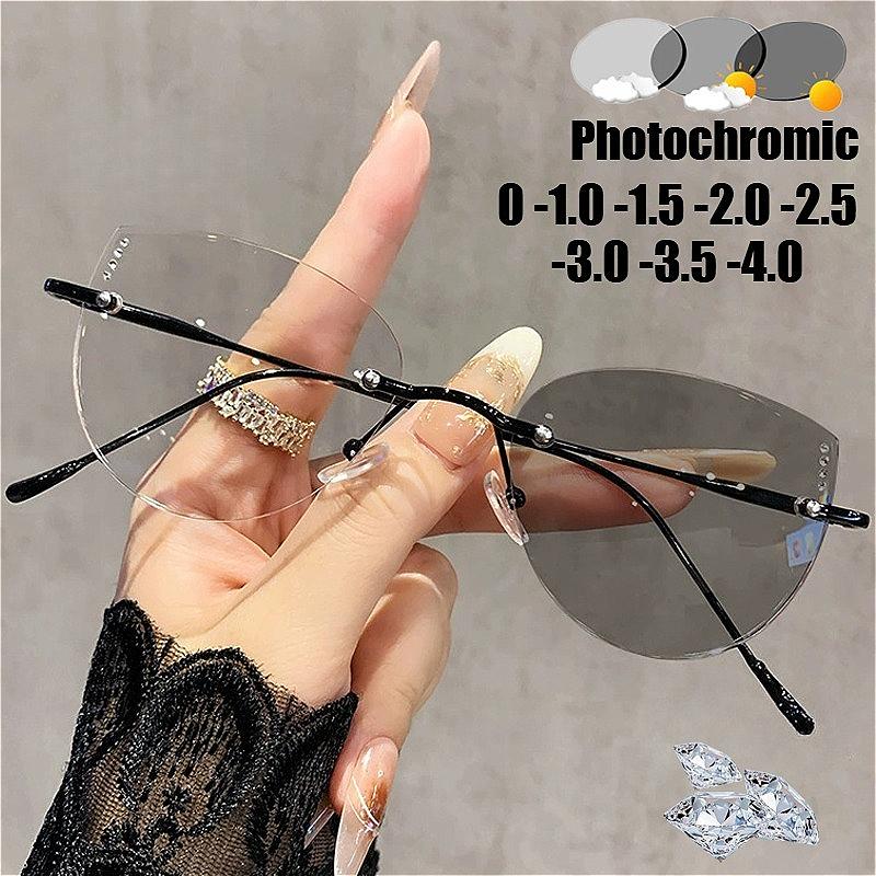 Rimless Cat Eye Photochromic Myopia Glasses Diamond Decor Ultralight High-definition Anti Blue Light Glasses Near Sight Glasses