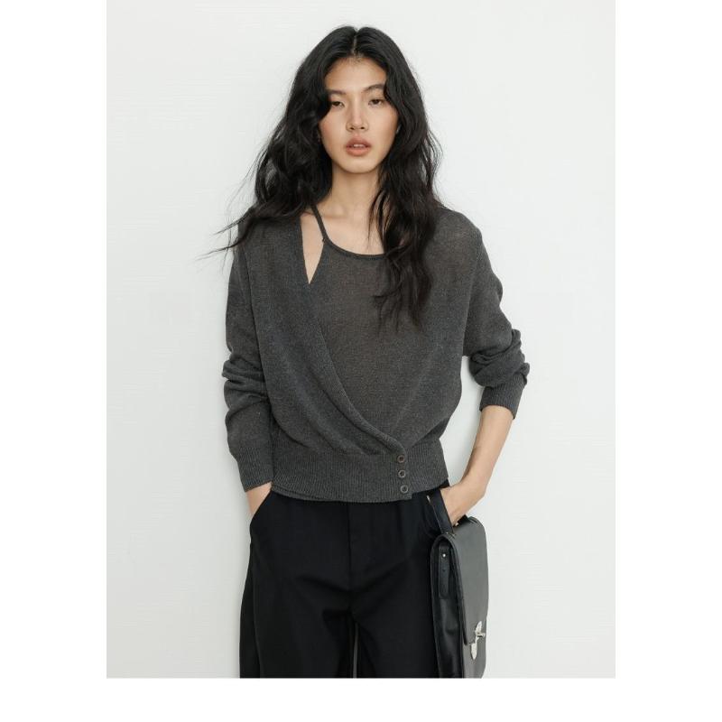 

Однотонный свитер на пуговицах Повседневная мода Женский топ с длинным рукавом свободного кроя S серый