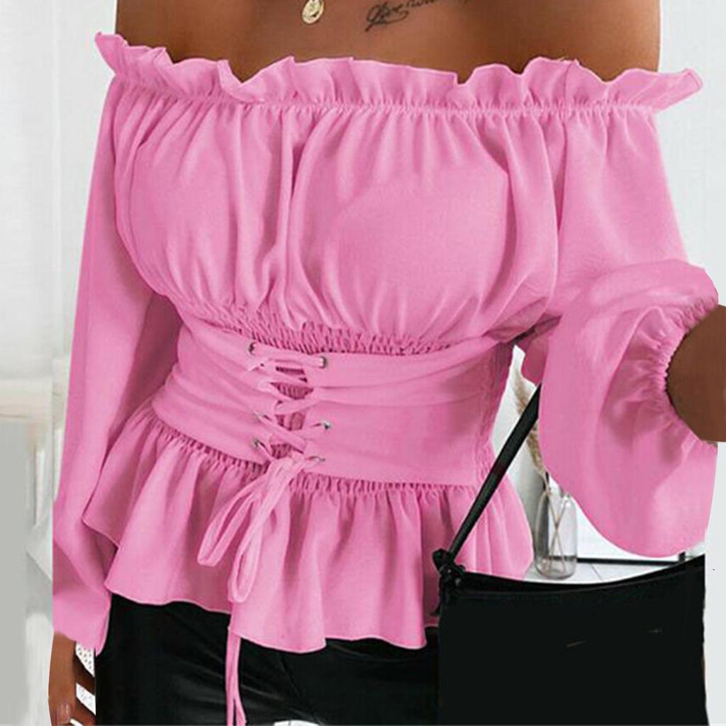 Fashion Women's Solid Color Long-sleeved Strapless Ruffle Trim Drawstring Shirt