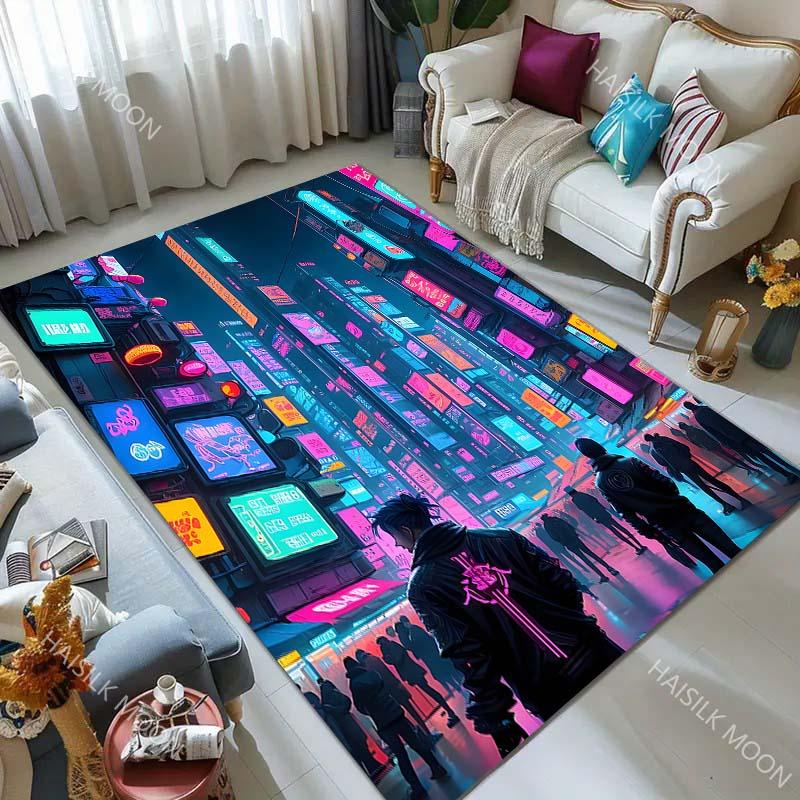 Futuristic Neon-lit City Street Carpet for Living Room Bedroom Sofa Home Decor Rus Non-slip Floor Mat Luxury Gift