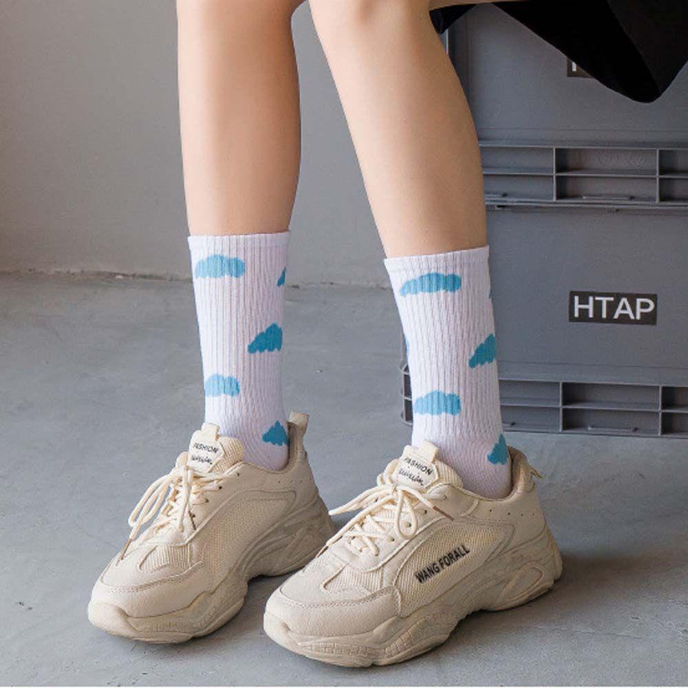 Pattern Solid color Blue Sky Cotton Clouds Female Hosiery Mid-tube Socks Women Socks Korea Style