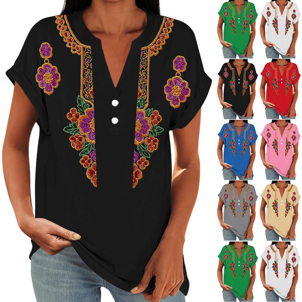 Women's Floral Print Short Sleeve V-Neck T-Shirt – Casual Loose Fit with Buttons