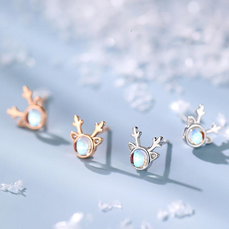 Korean-Style 2025 Reindeer Antler Stud Earrings with Moonlight Stone - Christmas Gift for Women & Students