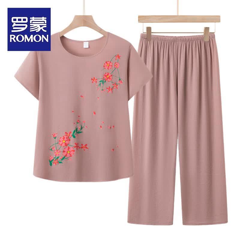 ROMON Women s Summer Floral Print Set for Middle-aged & Elderly B-2XL