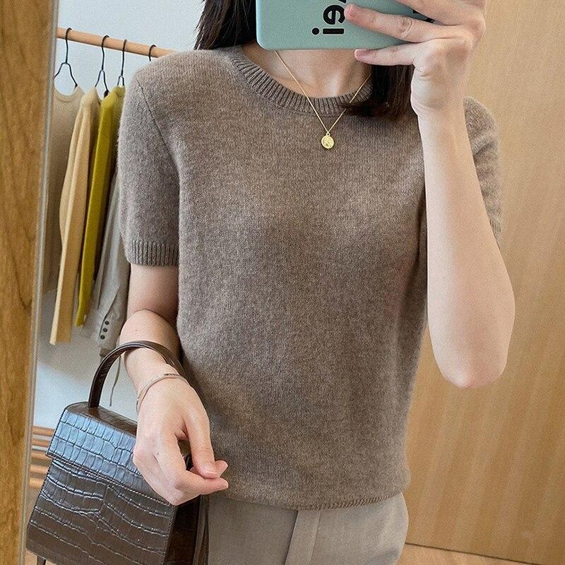 

Весенне-летняя футболка с короткими рукавами ярких цветов, женская тонкая офисная женская трикотажная футболка с круглым вырезом, модный базовый свитер, футболки 18854 One Size абрикосовый