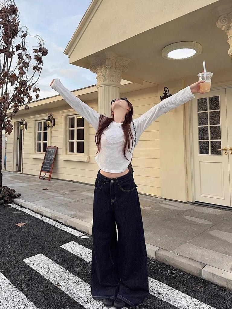 Women's White Lace Patchwork Sailboat Embroidered Long Sleeve T-shirt - Korean Style Early Autumn Versatile Top