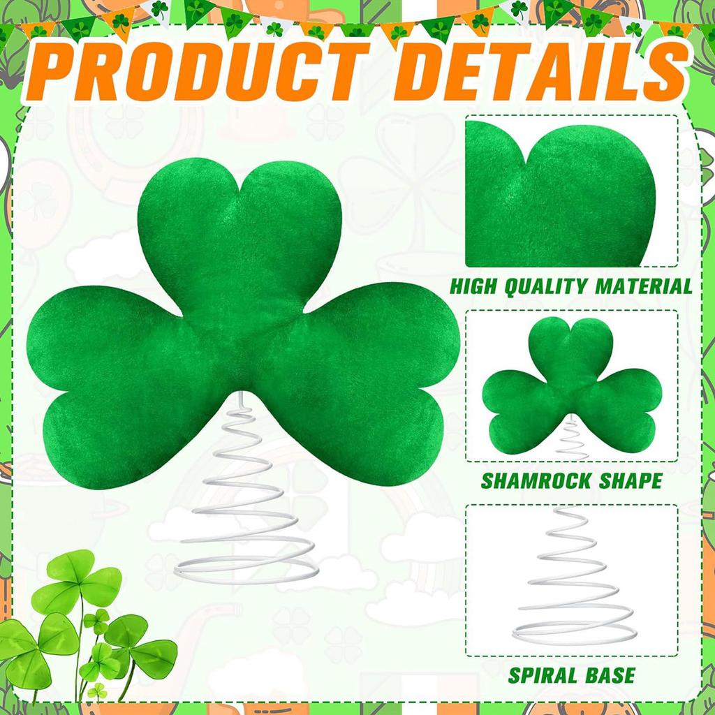St Patrick Day Tree Topper Green Plush Lucky Clover Metal Decoration For Holiday Party