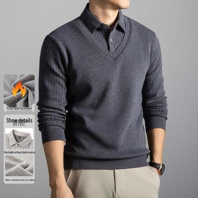 Pull deux-pièces d'hiver doublé polaire pour homme avec col de chemise