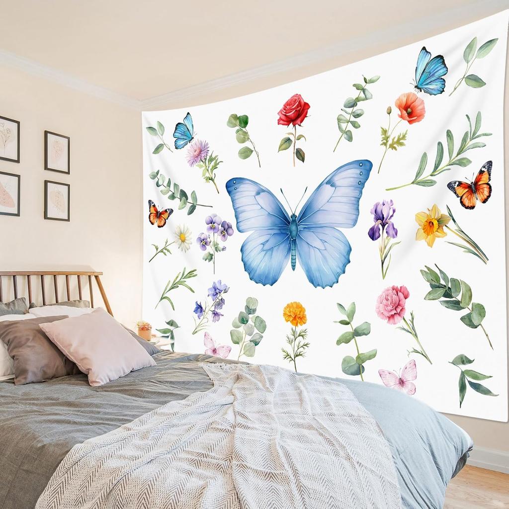 Butterfly Plant Tapestry for Bedroom, Girly Floral Blue Wall Tapestry, Leaf and Flower Botanical Tapestries Wall Hanging for