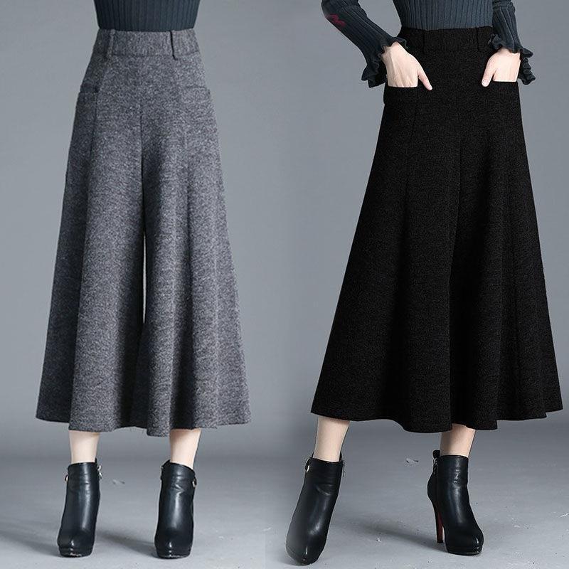 Autumn Winter Women's Woolen Pants Solid Pocket Elastic High Waist Fashion Elegant Loose Wide Leg Ankle Length Trousers
