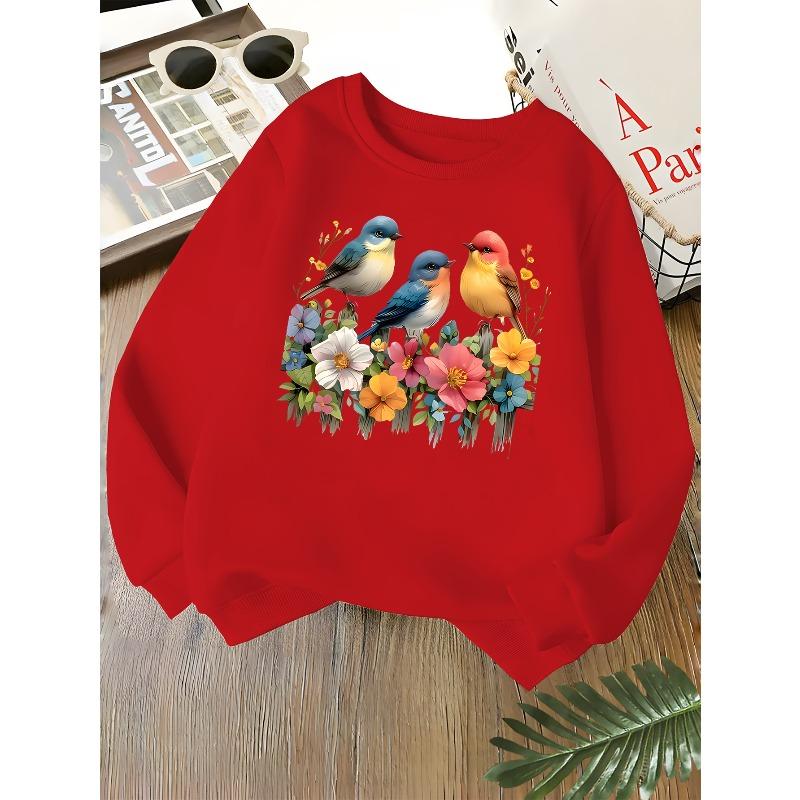 Kids Unisex Crewneck Sweatshirt, Colorful Wildflowers Three Cute Birds On Fence Art Print Soft Long Sleeve Pullover For Boys Girls Over 4 Years Old