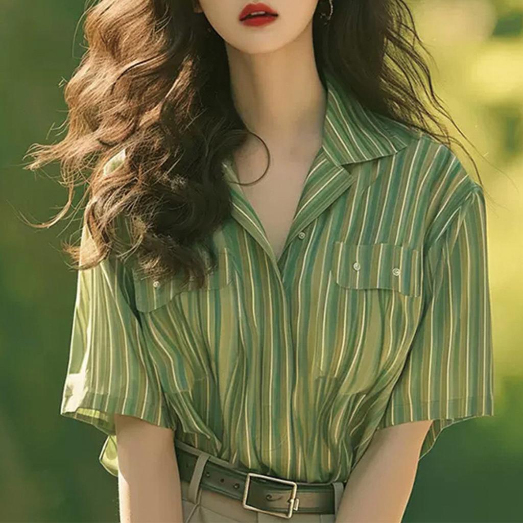 2025 Summer New French Elegant Style Small Shirt Fashion Vertical Stripe Age reducing Western Style Shirt Top for Women