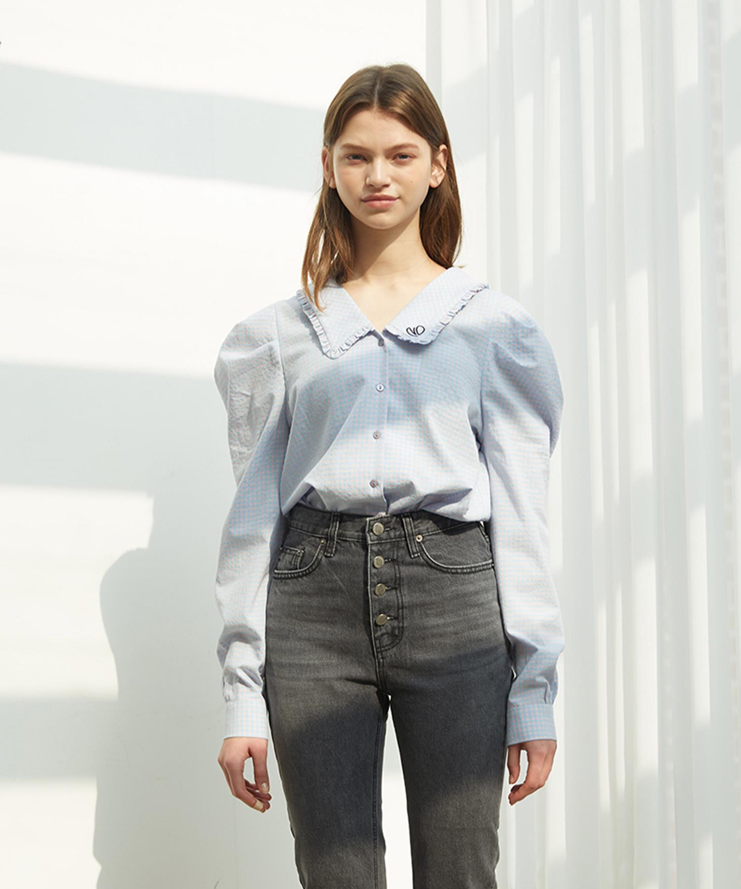 Near And Dear Puff Sleeve Check Shirt Light Blue Sky Blue/Free