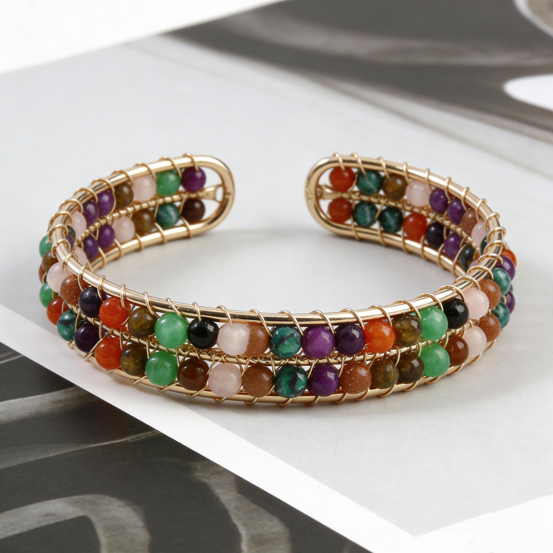 

Natural crystal bracelet, multi colored, natural stone, wound silk, open circular bracelet, Bohemian jewelry
