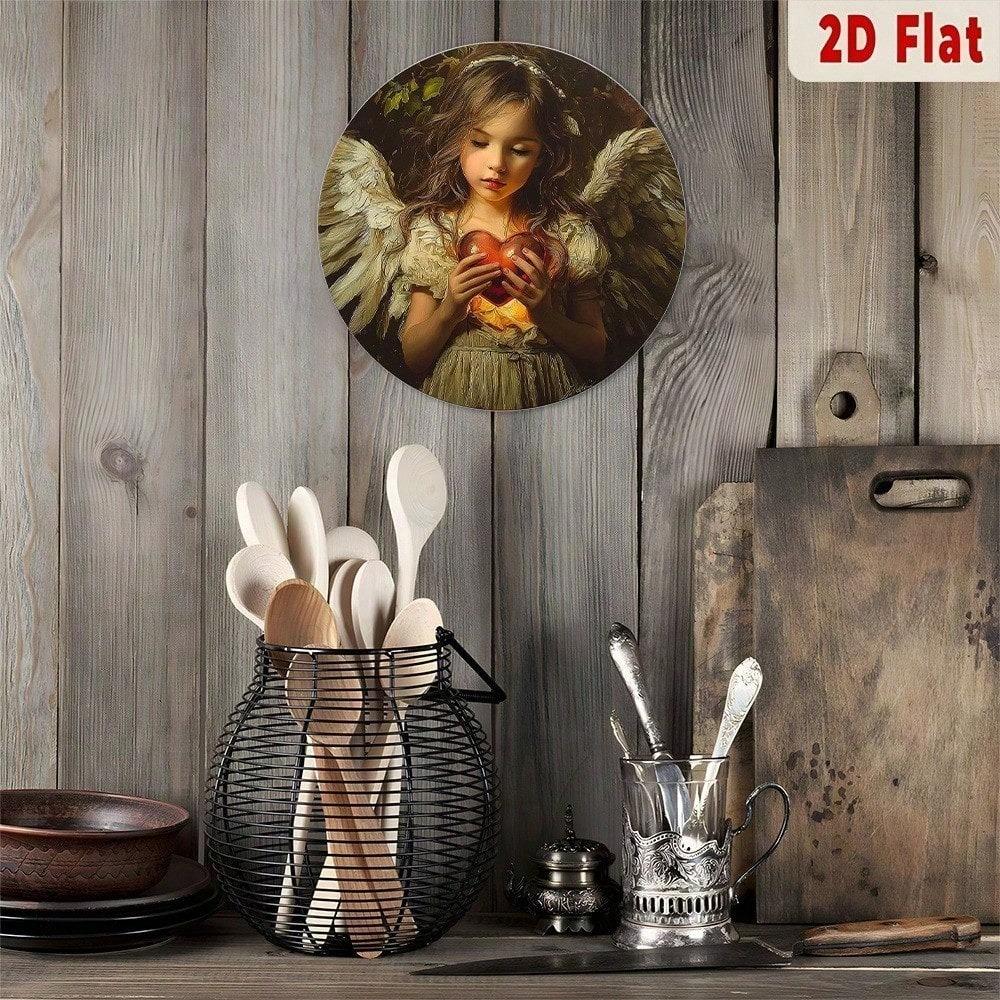 Valentine's Day Angel Metal Wall Art, Glowing Heart Wings Aluminum Sign
