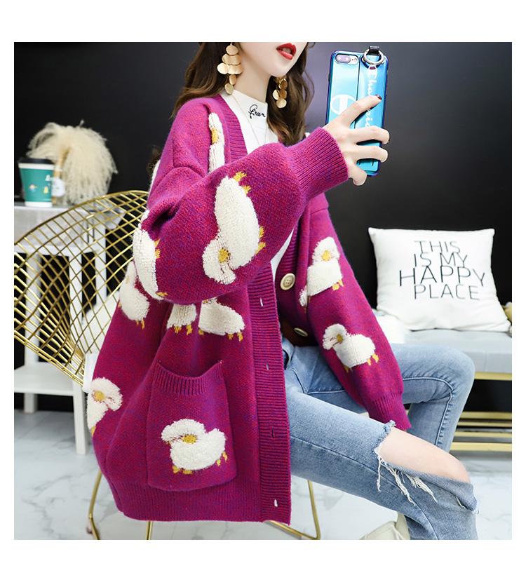 2024 Autumn Women's Lamb Pattern Loose Knit Cardigan - Thickened Knit Outerwear