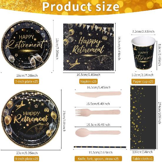 201PCS Retirement Party Decorations Retirement Plates Napkins Set, Black and Gold Retirement Plate,Napkin,Cup,Straw,Tablecloth,Wooden Cutlery,