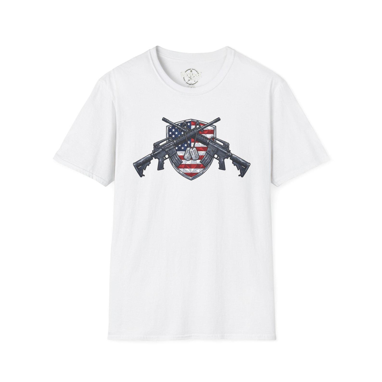 American Flag Skull Shield Crossed Rifles Shirt | Patriotic Tactical Tee | Vet Gift 3XL