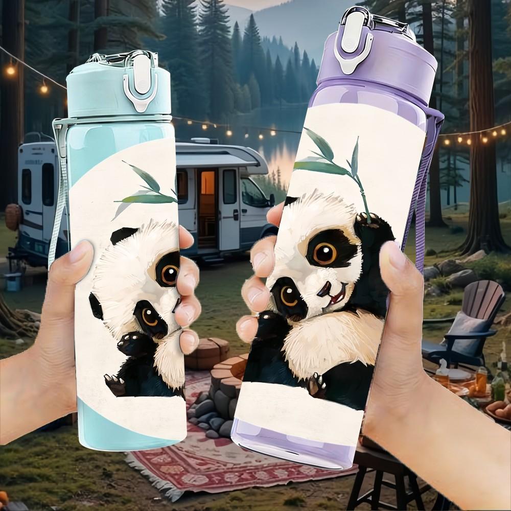 1PC Ink Wash Painting Panda Bamboo Pattern 750ml Color Plastic Sports Water Bottle Leakproof Flip Straw Lid Suitable for Sports Office Home Use