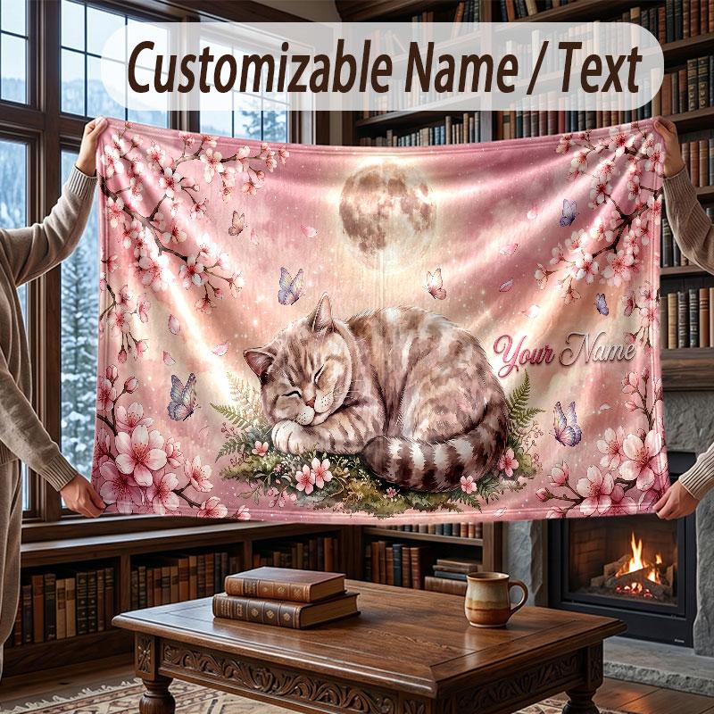 Cat Theme Throw Blanket Custom Name Text Personalized Blanket Soft Cozy Blanket for Home Sofa Bed