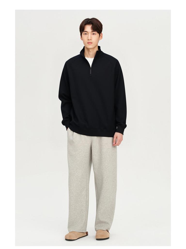 Men's 2025 Winter Black Fleece-Lined Half-Zip Stand Collar Sweatshirt