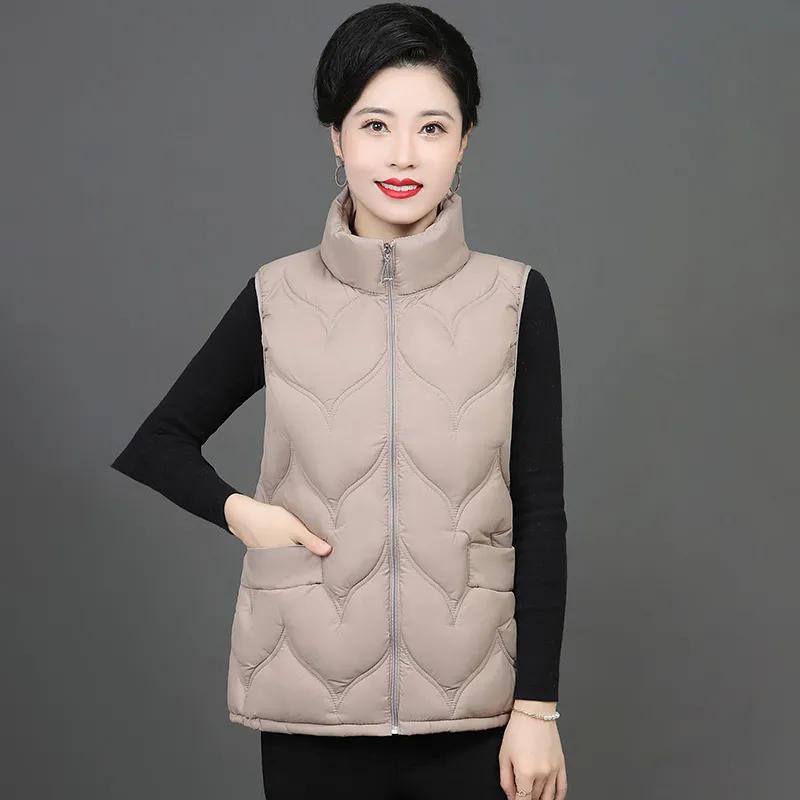 Women Autumn Winter Stand Collar Warm Jacket Vest Plus Size Thermal Top for Middle-Aged and Elderly