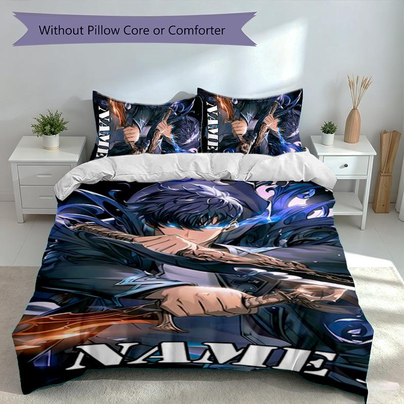 3pcs Custom Name Solo Leveling Bedding Set,Includes 1 Duvet Cover and 2 Pillowcases,All-season Bedroom Decor