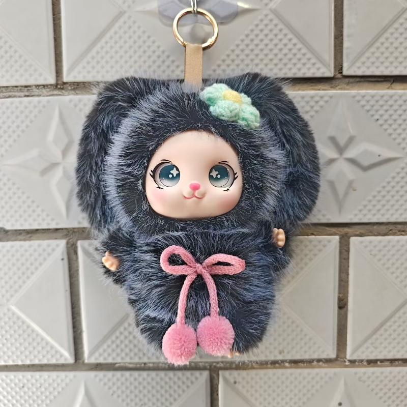 Cute Big Eyes Plush Keychain Soft Fluffy Faux Fur Checkered Bow Doll Pendant for Purse Decoration Girls Gift
