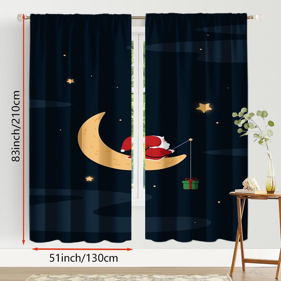 2PCS Digital Print Curtains, Dark Blue Night Sky Moon Santa Claus Fishing Gift Stars, Cute Minimal Cartoon Style - Christmas Hol