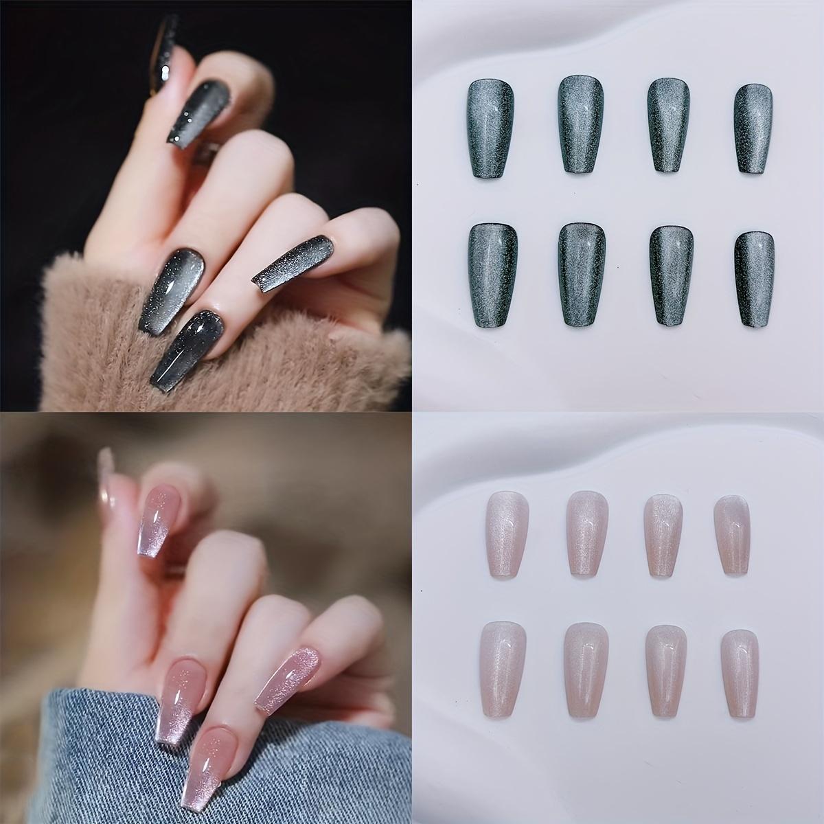 

2 упаковки (48 шт.) Глянцевые средние балетные накладные ногти, светоотражающие блестящие накладные ногти кошачий глаз, набор смешанных черных и розовых градиентных накладных ногтей F001-Y161