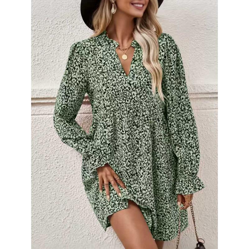 JKASHDK Women's Fashion Spring Fall Long Sleeve V-Neck Loose Waistline Casual Dresses