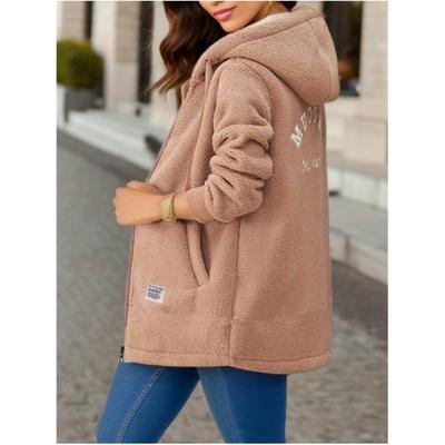 Women's Fall Design Mid-Length Padded Sweatshirt Embroidered Letter Solid Zipper Jacket
