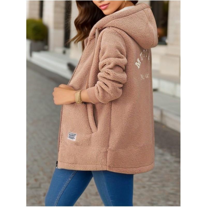 Damen Herbst- und Winter-Wattiertes Midilanges Sweatshirt Bestickter Buchstabe Reißverschlussjacke