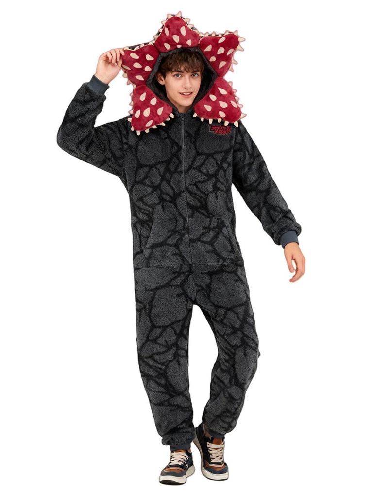 Stranger Things Man-Eating Plant Hooded Cosplay Pajamas for Men - Coral Fleece Plush Halloween Costume
