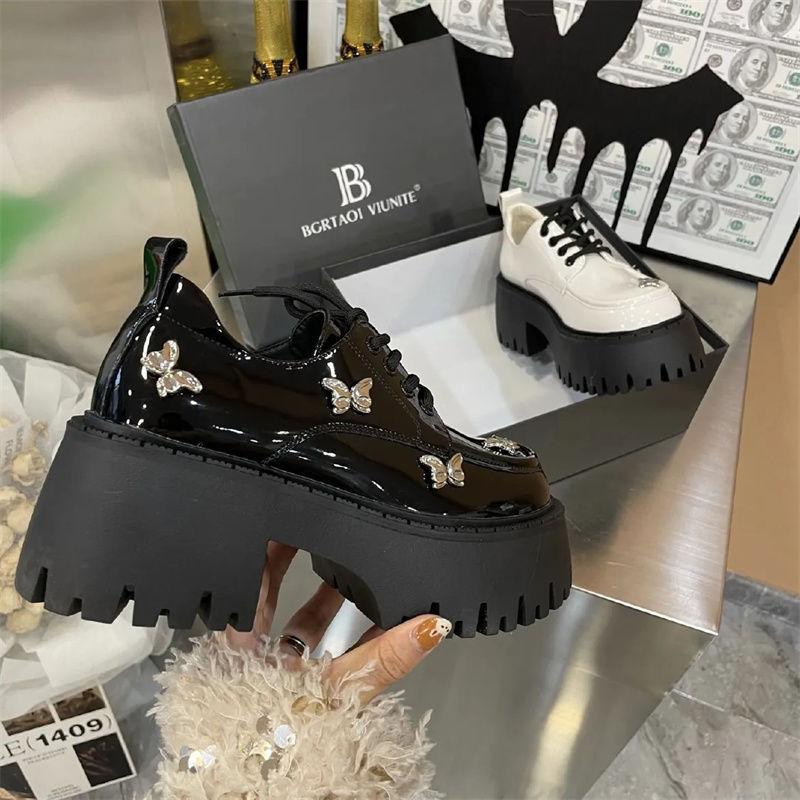 Muffin bottom Heavy industry butterfly patent leather lace-up thick heel thick sole British style fashion lace-up single shoes