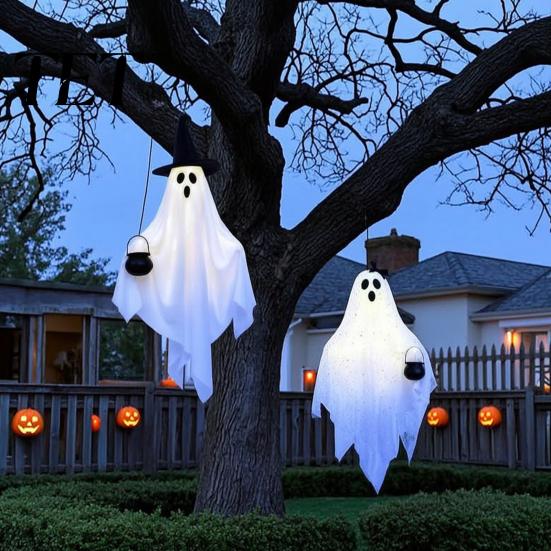 Seasonal Display for Haunted Houses Halloween Hanging Ghost Light, Decorative Couple Lamp with Witch Hats Decor, Indoor Party Ornaments Reusable Props