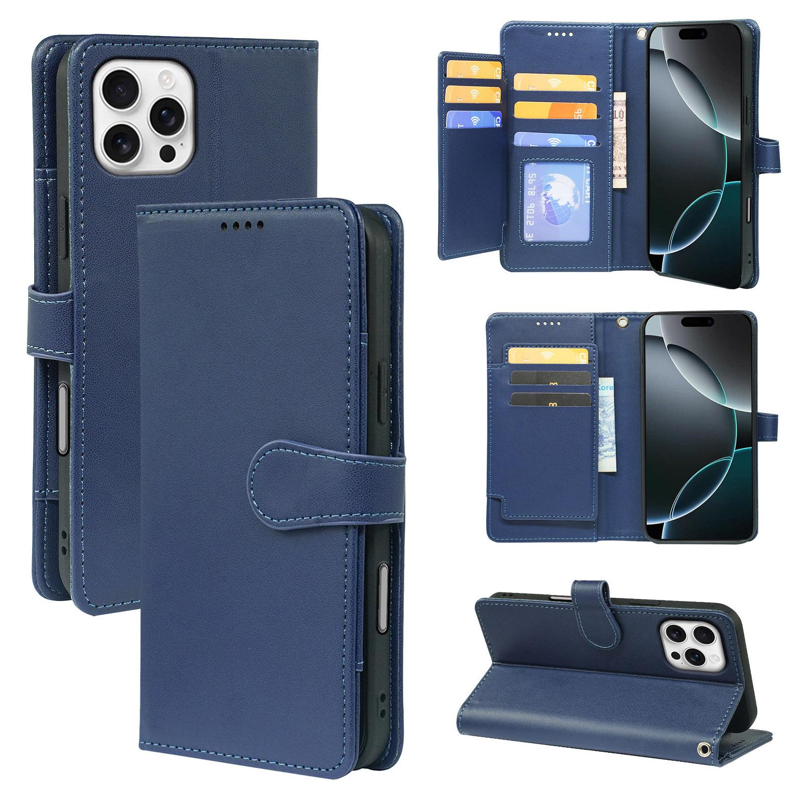 

For iPhone 16 Pro Case with 9 Card Slots PU Leather Stand Phone Cover Blue