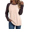 New Women's Crew Neck Long Sleeve Patchwork T-shirt with Pocket, Fashion Casual Top for Women, European & American Style Cross-border Apparel