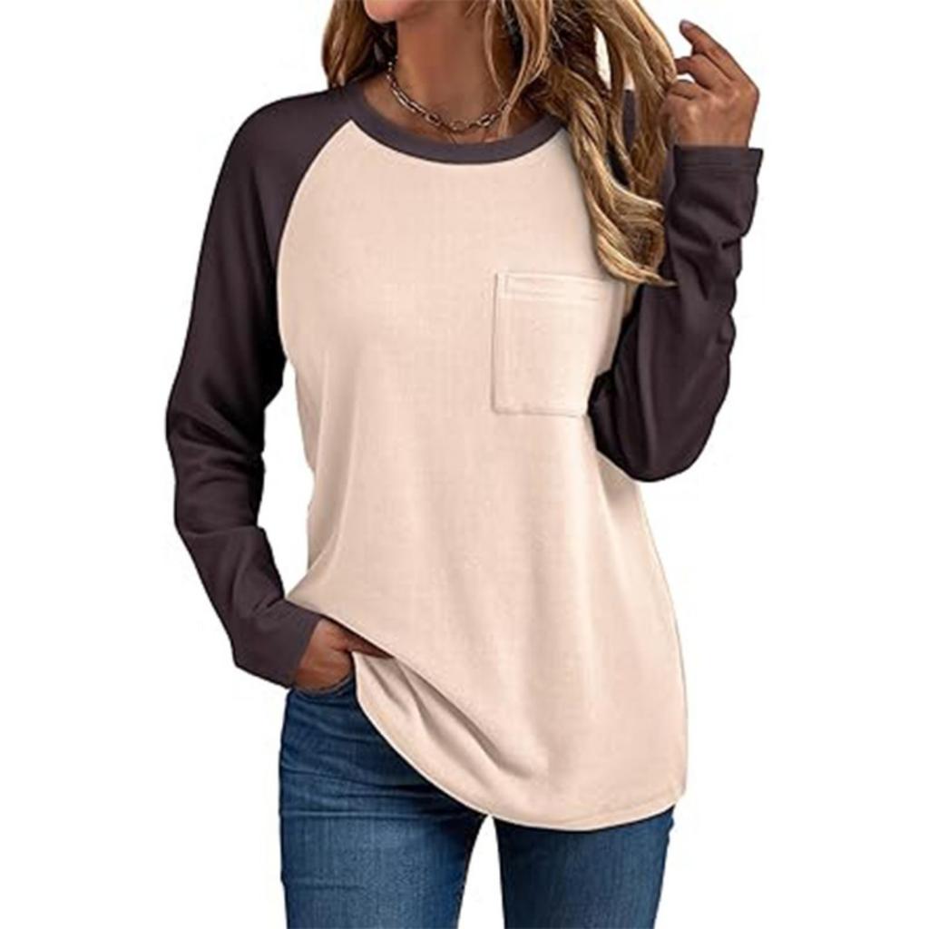 New Women's Crew Neck Long Sleeve Patchwork T-shirt with Pocket, Fashion Casual Top for Women, European & American Style Cross-border Apparel