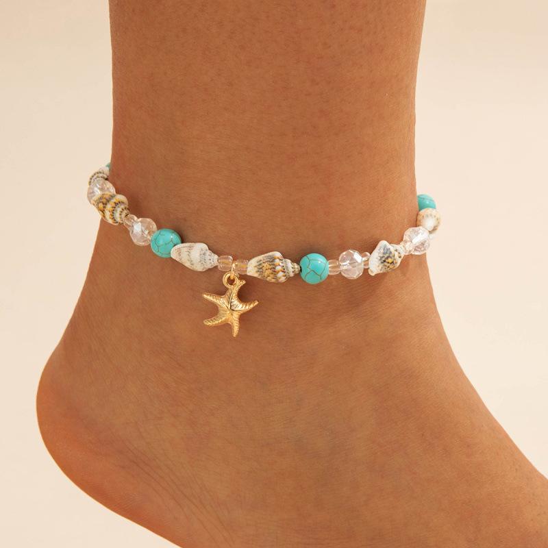Ocean beach resort wind rice beads two-piece set simple contrasting color shell hand-woven anklet