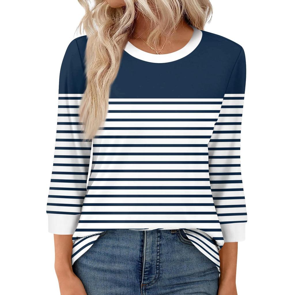 Women's Fashion Casual Round Neck 3/4 Sleeve Loose  Printed T-Shirt Ladies Top