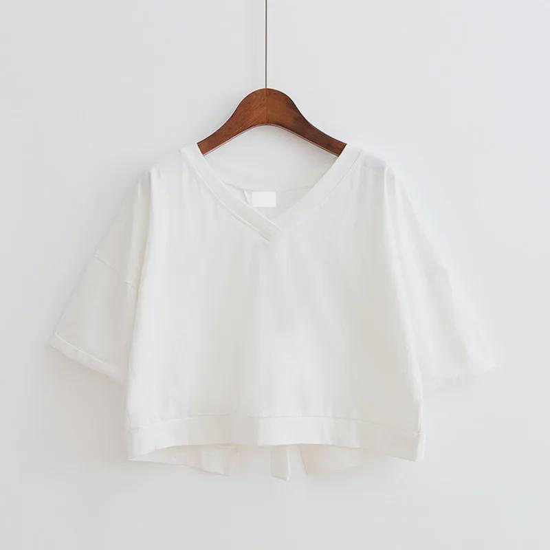 2024 Summer V-Neck Backless Split Solid Color Strap Tops for Female Students - Loose, Short-Sleeve T-Shirts