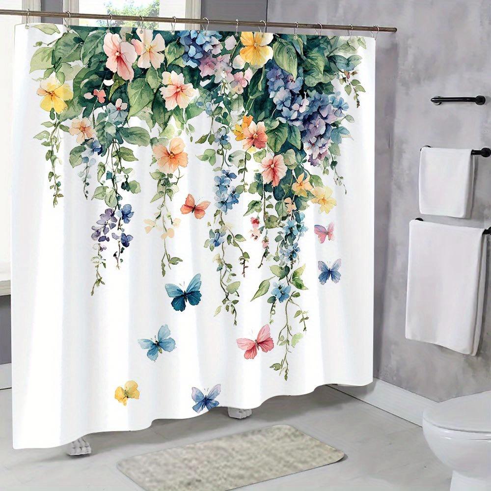 1pc Watercolor Style Butterfly and Floral Shower Curtain with Vivid Natural Plant Print, Polyester Fabric Including 12 Hooks