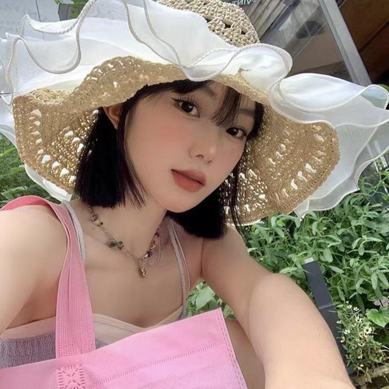 RICYGVM Lace Ruffle Straw Hat For Women Large Brim Fisherman Cap Travel Beach Sun Protection Hats Sweet Girl Hollow Grass Visors