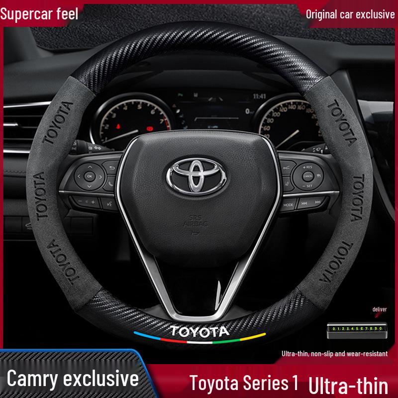 Genuine Leather Steering Wheel Cover for Toyota Camry 2006-2022 - All-Season Universal Fit with Carbon Fiber Suede