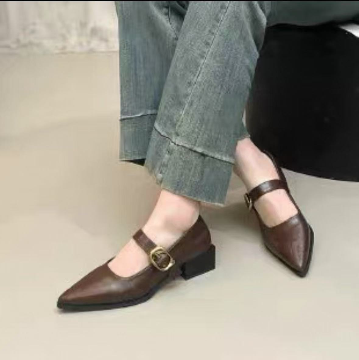

Upgraded version~ Retro metal one-word buckle thick heel small single shoes women s shallow mouth pointed temperament versatile Mary Jane shoes 40
